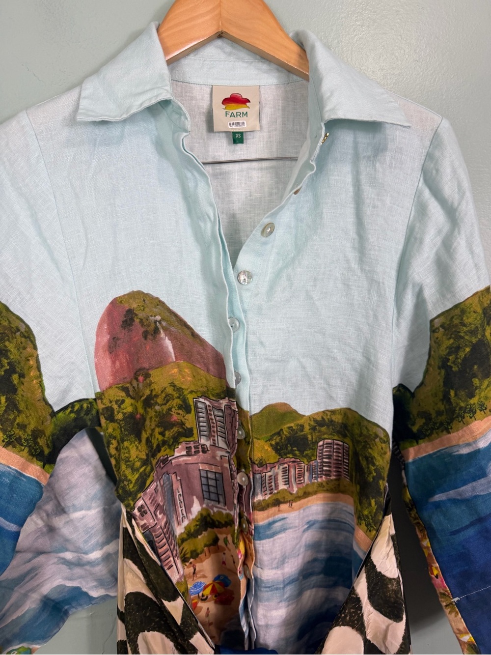 Farm Rio Copacabana Beach Linen Cover Up Dress Artsy Vacation Shirtdress Mini XS - Picture 4 of 7